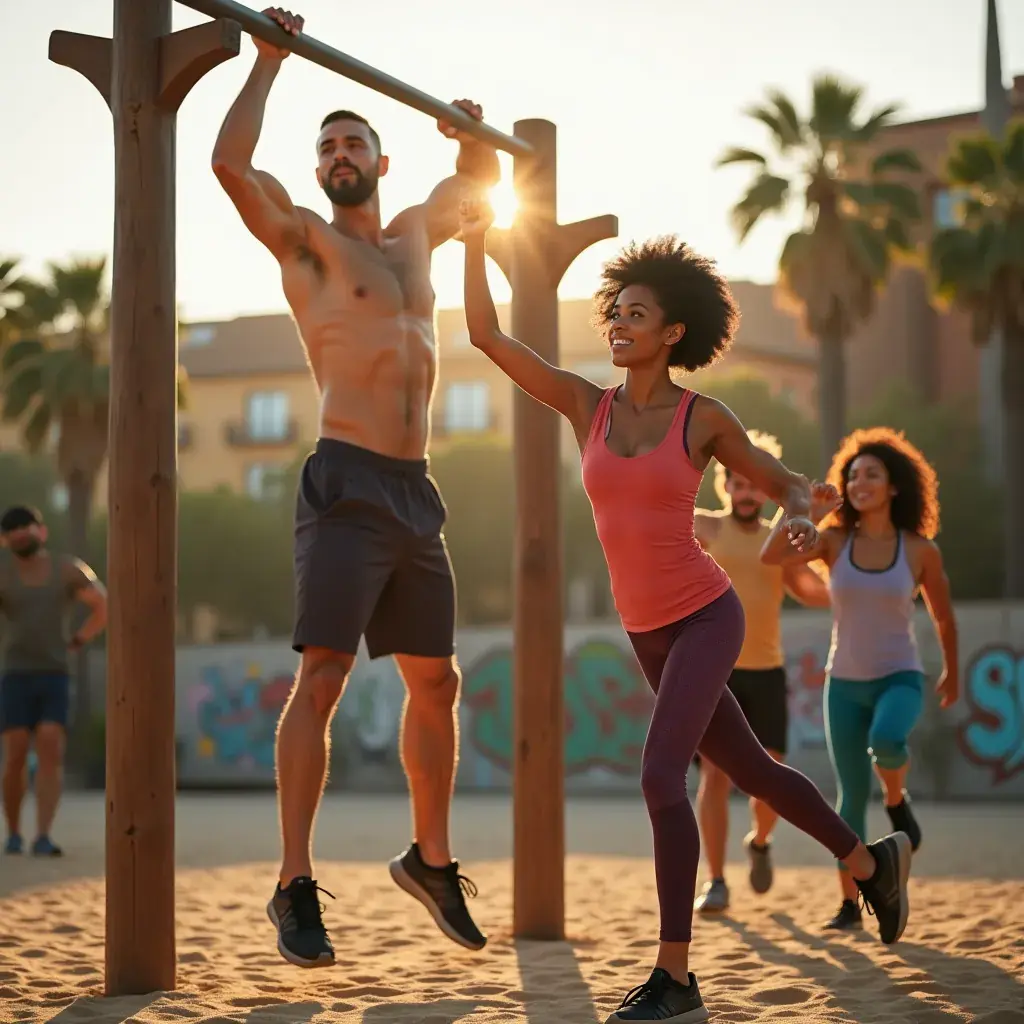 Grupo de personas realizando una rutina de entrenamiento de peso corporal en la playa.
