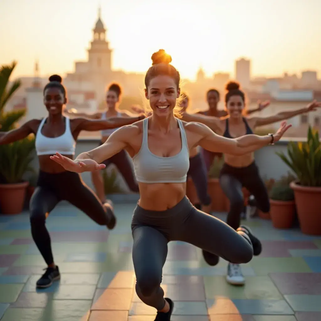 Clase de calistenia en un estudio, con participantes siguiendo las instrucciones del entrenador.