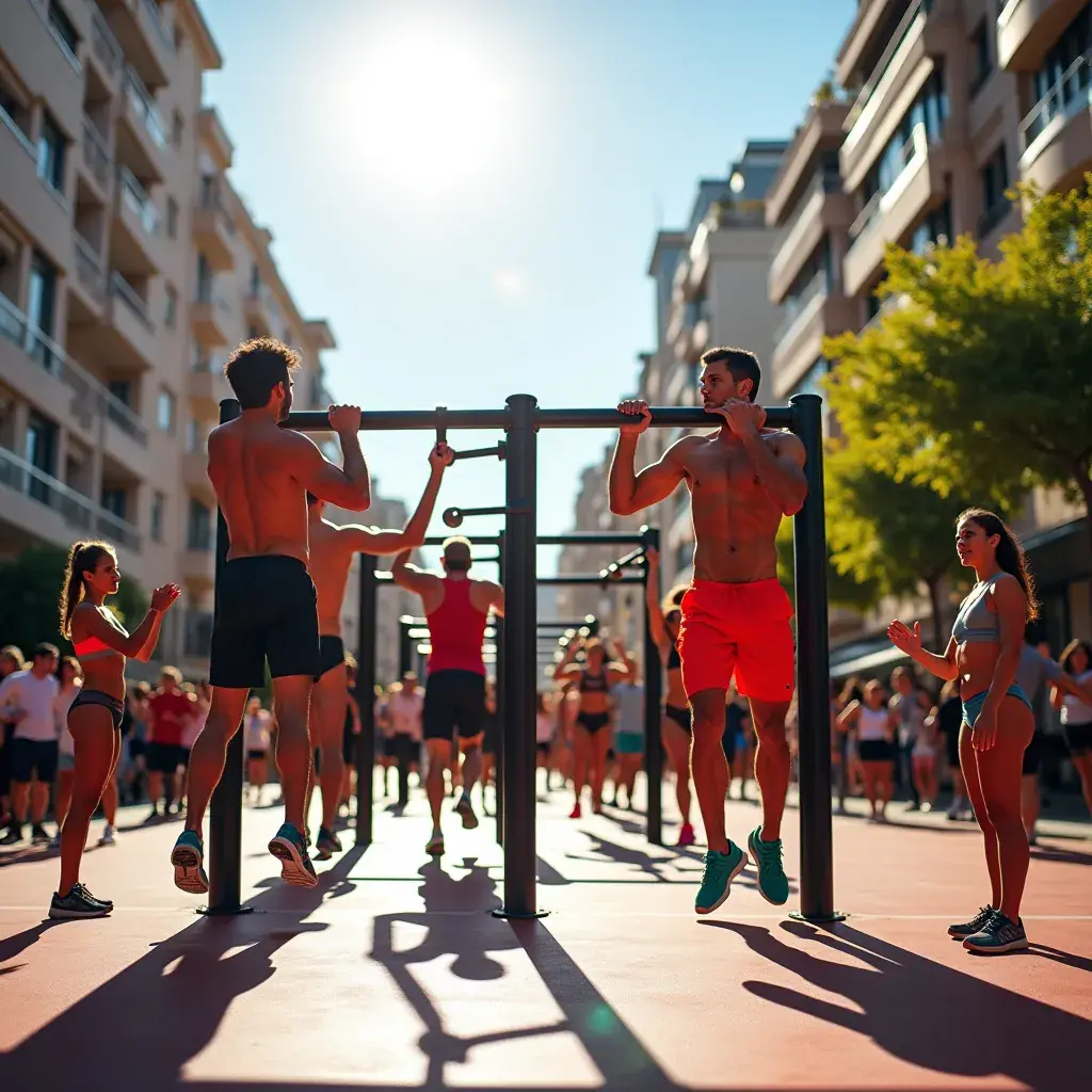 Entrenador demostrando un ejercicio de calistenia en un parque al aire libre.